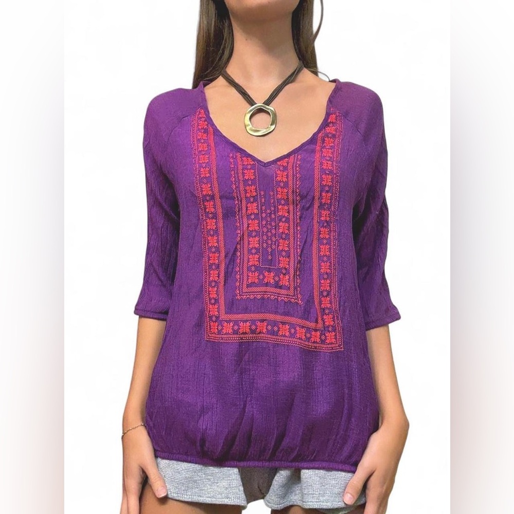 Purple Embroidered V-Neck Women's Top